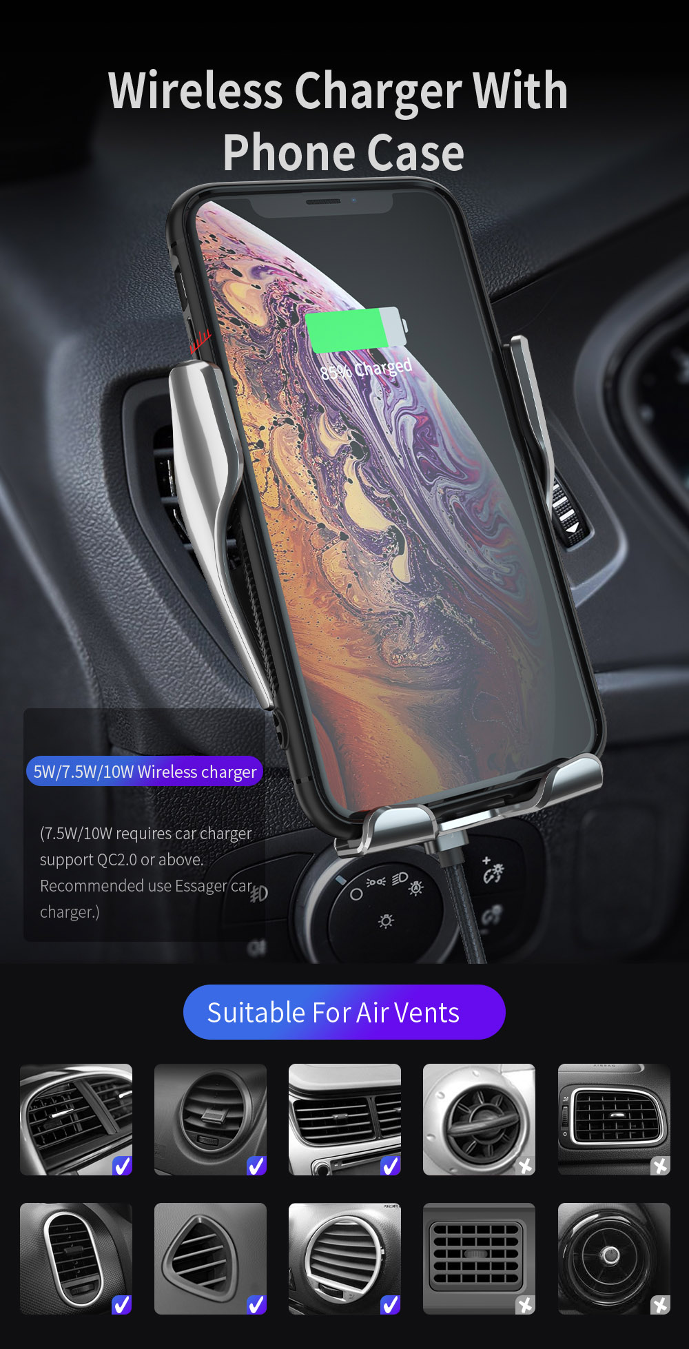 Automatic Clamping Car Wireless Charger 10W Quick Charge for Iphone 11 Pro XR XS Huawei P30 Pro Qi Infrared Sensor Phone Holder